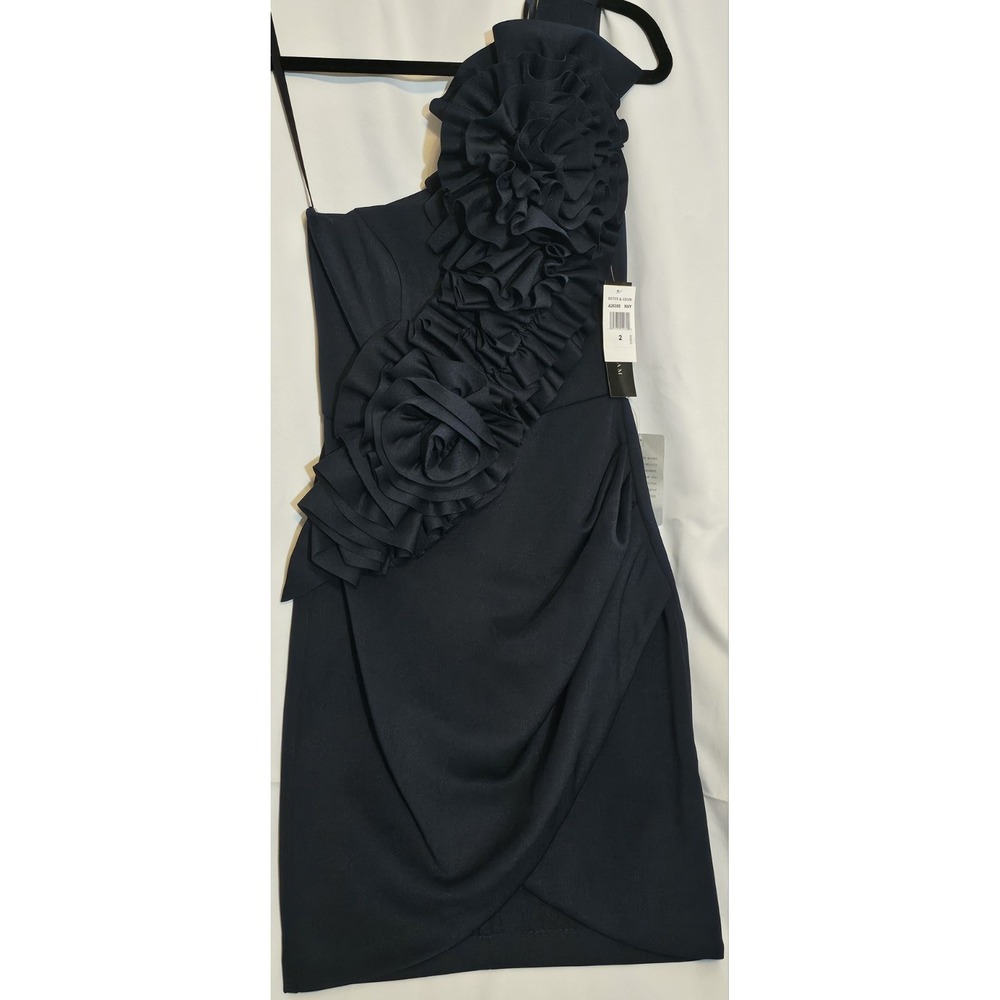 Navy Short Prom Formal Cocktail Betsy & Adam Ruffled Flower Dress  Sz 2